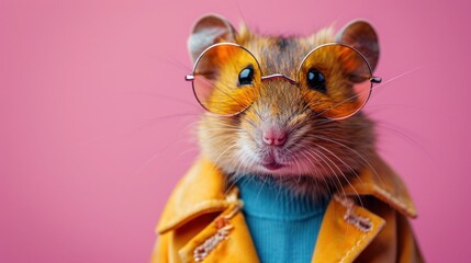 Funky Rat Fashion: Stylish Rodent in Pastel Jacket, Tie, and Glasses on Cool Background