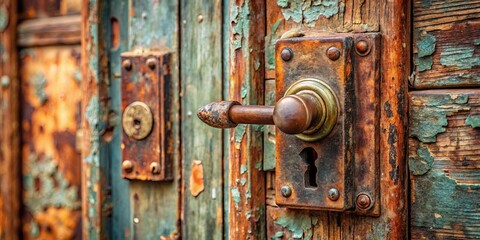 Close up of a vintage door lock and handle with rust and weathered details
