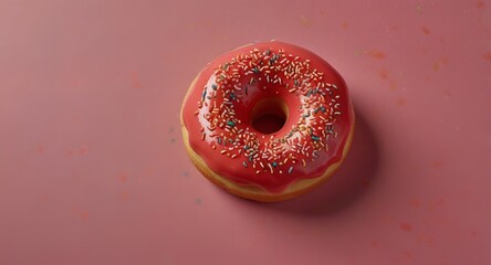 Strawberry glazed donuts with colorful sprinkles on a Pink background