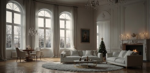 Fototapeta premium Modern white classical style interior design apartment, large window. Christmas eve