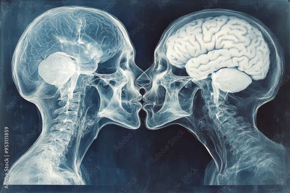 Poster two skeletal profiles with brain imagery facing each other symbolizing the connection between though
