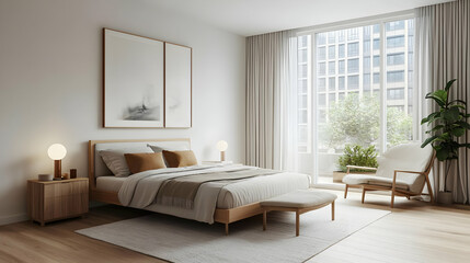 Fototapeta premium Modern Bedroom Design Ideas: Minimalist Interior with Wooden Furniture and Natural Light