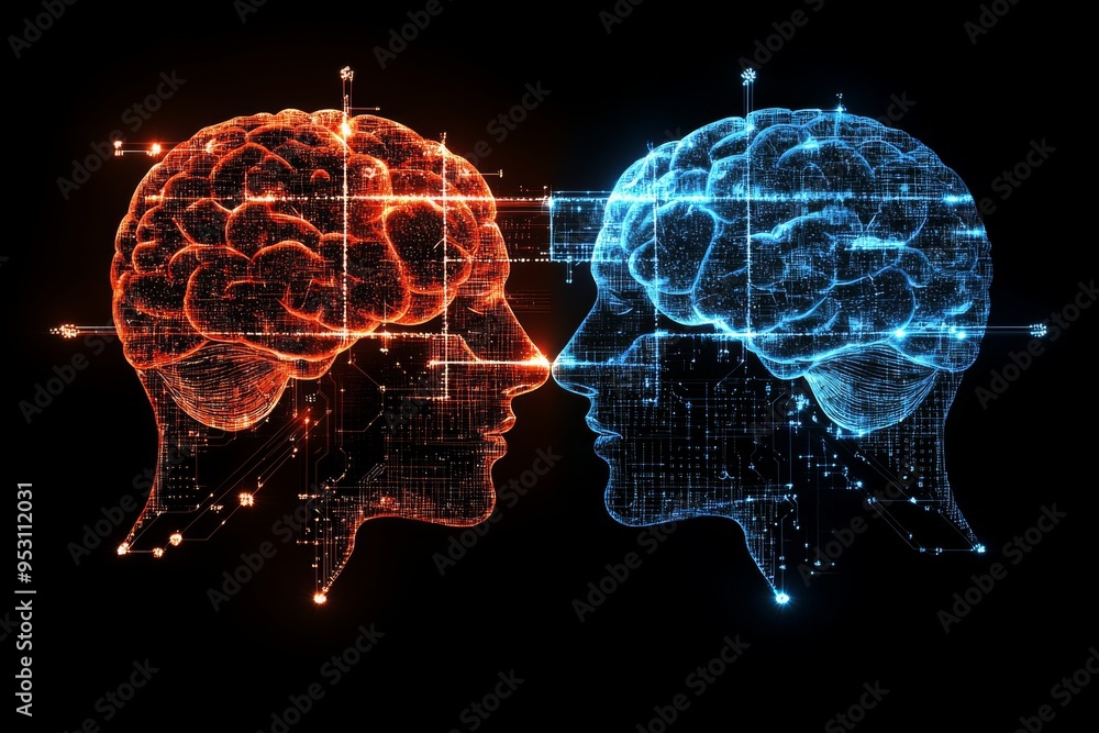 Poster two profiles with glowing brain patterns facing each other symbolizing the duality of thought the co