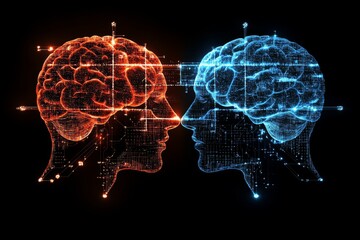 Two profiles with glowing brain patterns facing each other symbolizing the duality of thought the contrast of ideas and the connection between minds