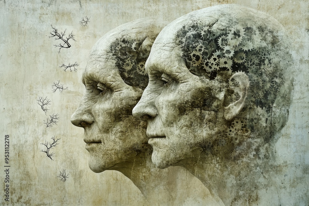 Poster two stone faces with mechanical brain imagery symbolizing the integration of technology the mechaniz