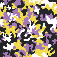 Colored camouflage seamless pattern. Urban fashion clothing style. Splashes camo in children's coloring, repeat print. Colorful colors texture. Textile design. Vector  