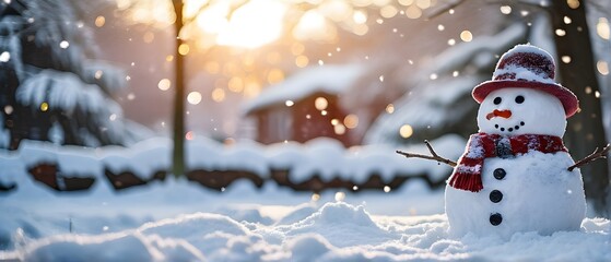 Snowman in an urban scenery with snow-covered streets and buildings in background