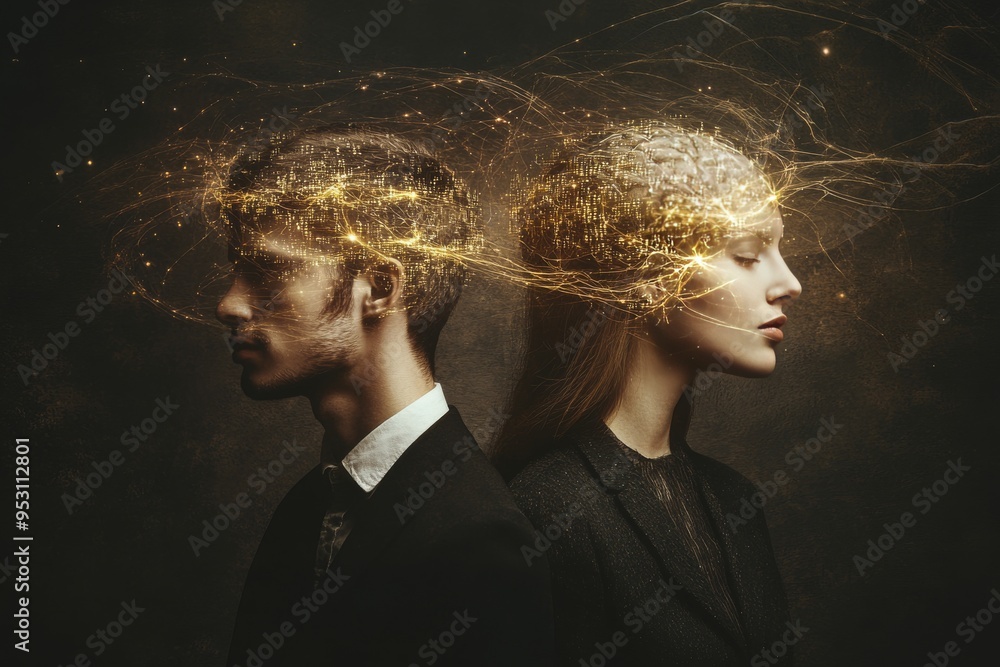 Poster two figures with glowing neural connections and brain patterns symbolizing the complexity of thought
