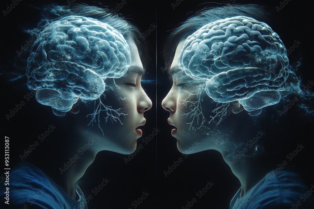 Poster two mirrored profiles with glowing brain patterns symbolizing the reflection of thoughts intellectua