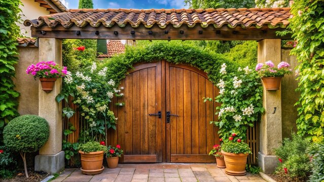 Tranquil townhouse patio adorned with delicate ivy, stately lilies, and fragrant celinda flowers around a charming wooden gate with a rustic roof
