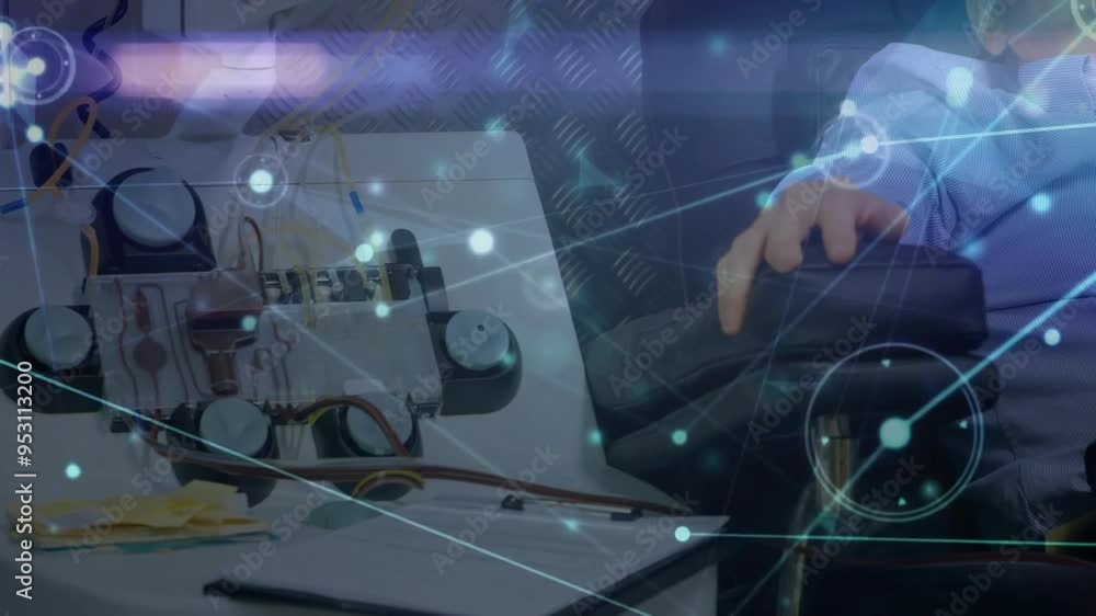 Poster working with electronics, person surrounded by network connections and data processing animation