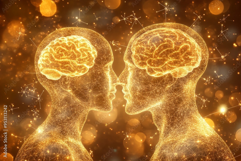 Aufkleber a couple with glowing brain imagery in a dark environment symbolizing the connection of thoughts int