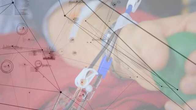 Medical data network animation overlaying patient connected to medical equipment