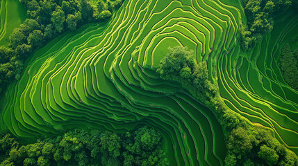 A lush green hillside with a series of terraces