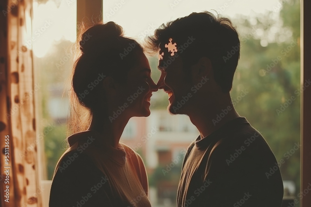 Poster A couple with brain patterns and a vintage aesthetic symbolizing the connection between thoughts the nostalgia of ideas and intellectual intimacy