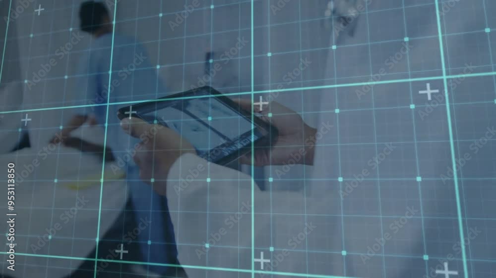 Poster medical professionals using tablet devices over grid and data points animation