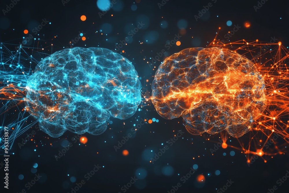 Poster two glowing brains connected by digital networks symbolizing the intersection of technology thought 