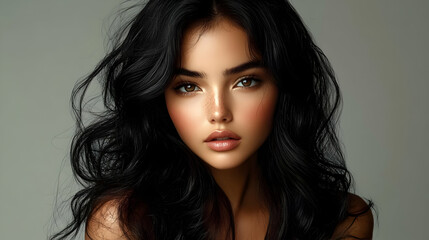 Naklejka premium Beautiful Woman with Long Black Hair and Stunning Eyes