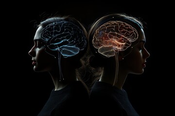 Obraz premium Two profiles with glowing brains in a dark environment symbolizing the connection of thoughts intellectual intimacy and the depth of shared ideas