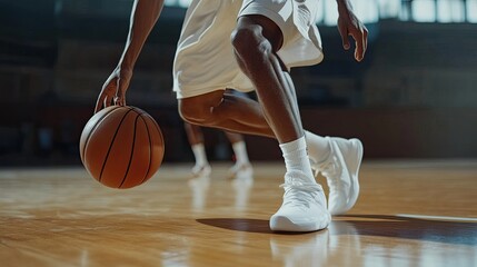 A basketball player dribbles on a court, showcasing agility and athleticism.