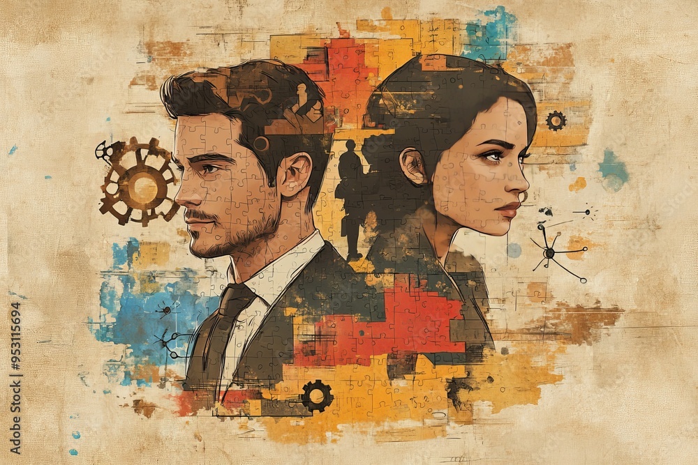 Poster A couple with brain patterns in a vintage aesthetic symbolizing the connection between thoughts the nostalgia of ideas and intellectual intimacy