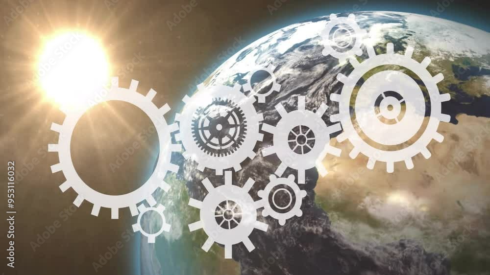 Poster gears and cogs animation over earth with sunlight in background