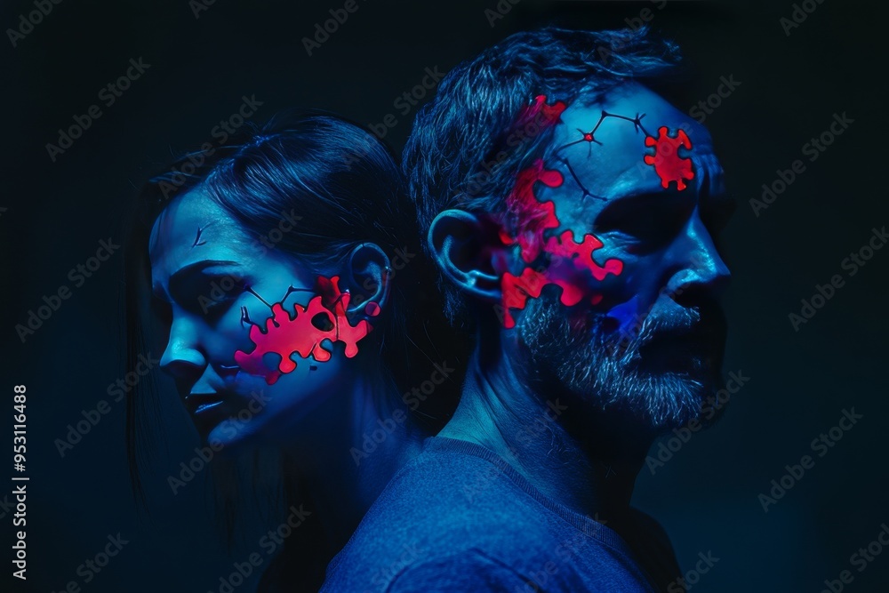 Poster moody portrait of a man and woman with glowing red and blue brain patterns set in a dark mysterious 