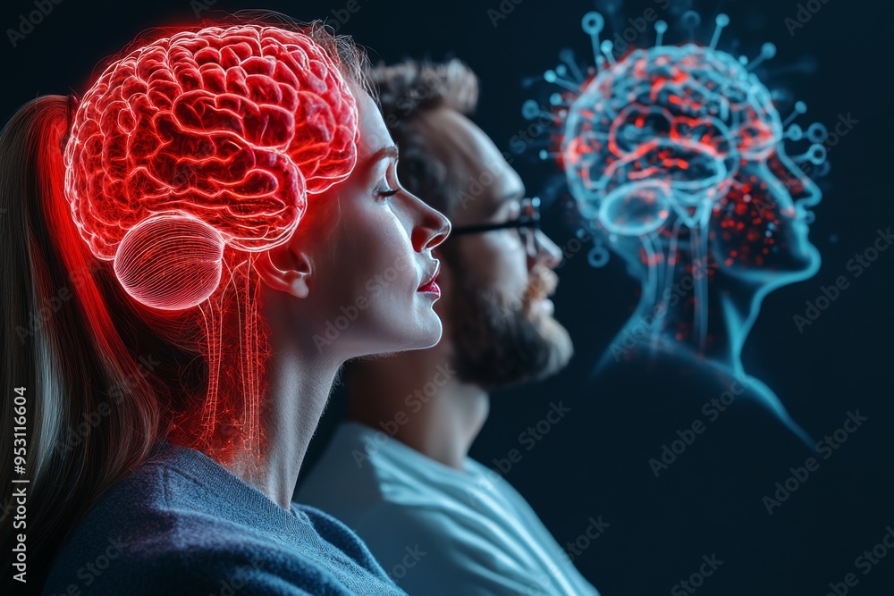 Poster digital art of a man and woman with brains illuminated by glowing circuitry symbolizing the fusion o