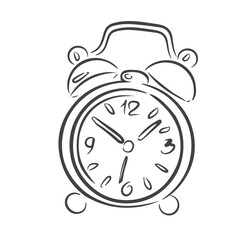 Line art round alarm clock, vector illustration, minimalistic black and white style, clock with hands. Suitable for packaging design, stickers, labels, educational literature.