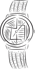 Vector illustration of a clock with hands, a wristwatch in line art style, black and white version. Minimalism, modern design, suitable for packaging, labels, stickers.