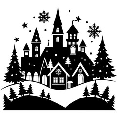 Fototapeta premium Christmas village Black silhouette Vector Illustration with white background