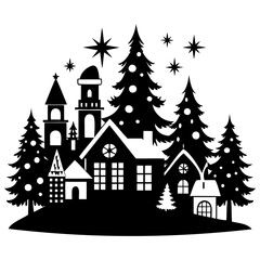 Obraz premium Christmas village Black silhouette Vector Illustration with white background