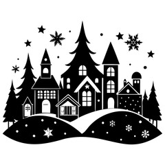 Fototapeta premium Christmas village Black silhouette Vector Illustration with white background