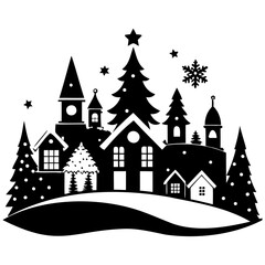 Christmas village Black silhouette Vector Illustration with white background