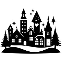 Christmas village Black silhouette Vector Illustration with white background