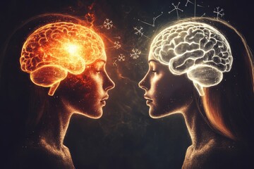 Obraz premium Vivid digital illustration of two glowing brains in a face off showcasing the power of ideas and intellectual confrontation in a dynamic fiery setting