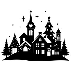 Obraz premium Christmas village Black silhouette Vector Illustration with white background