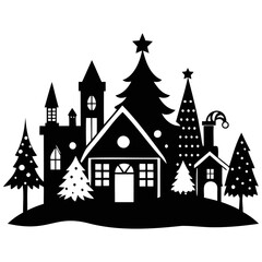 Obraz premium Christmas village Black silhouette Vector Illustration with white background
