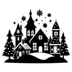 Fototapeta premium Christmas village Black silhouette Vector Illustration with white background