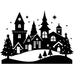 Christmas village Black silhouette Vector Illustration with white background