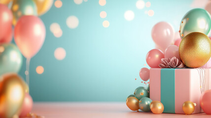 A beautifully wrapped gift surrounded by colorful balloons and sparkling decorations for a joyful celebration