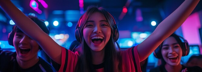 Standing next to the Asian girl in the cybersport club, a group of friends are celebrating her triumph in a computer game.