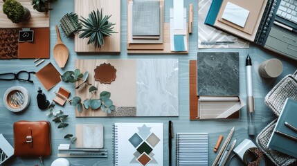 Interior Design Mood Board with Materials and Tools
