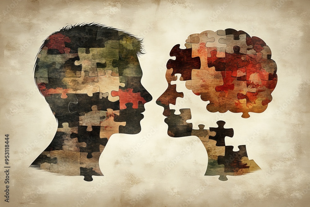 Poster artistic depiction of two human heads as puzzle pieces symbolizing the complexity and intricacies of
