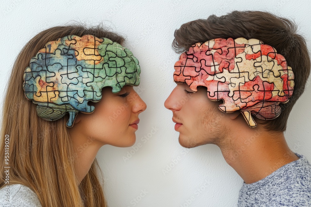 Poster conceptual digital art of a couple with jigsaw puzzle brains symbolizing the intricate and interlock
