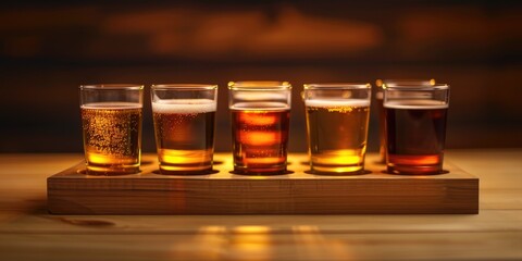 Assorted small servings of light beers displayed in a specially designed wooden holder, with backlighting showcasing their effervescent qualities.