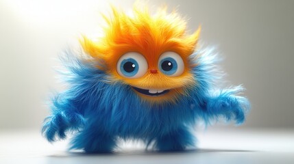 Fototapeta premium 3D render of a colorful furry beast in an active walking pose, a hairy cartoon character isolated on a white background, dancing with blue and yellow fluffy toy.