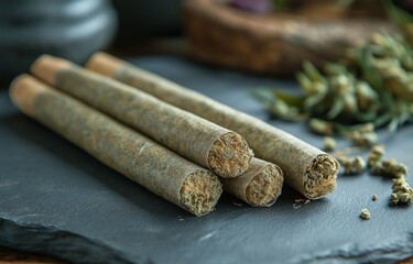 A blunt-rolled marijuana joint with a cannabis bud and blossom on the table