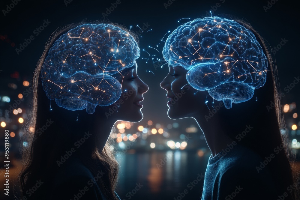 Poster neon lit digital art of two people with glowing brains emphasizing the dynamic exchange of ideas and