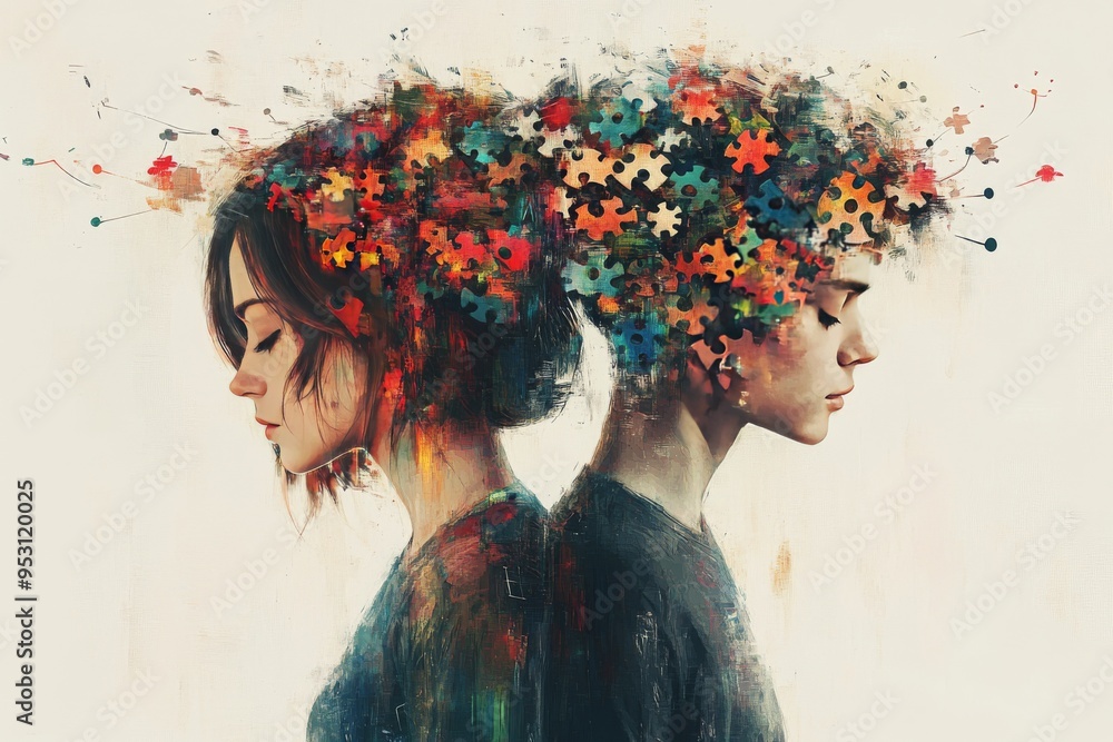 Poster surreal digital illustration of a couple with brains intertwined with puzzle pieces and colorful ele